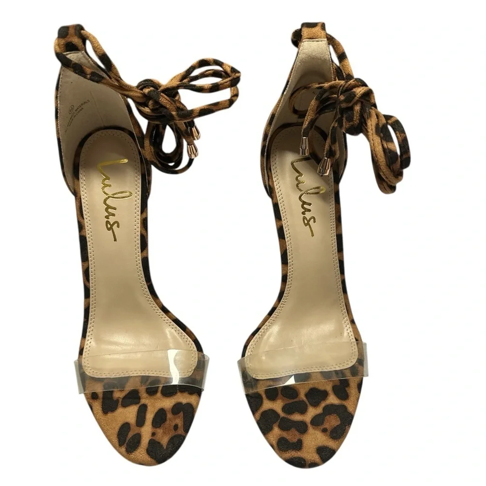 Lulus Ledah Suede Lace Up Heels Leopard Animal Print Size 6.5